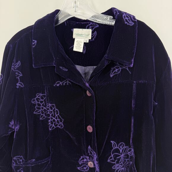 COLDWATER CREEK Purple Velvet Shacket Size M Embroidery Whimsygoth Jacket Velour - Picture 2 of 8